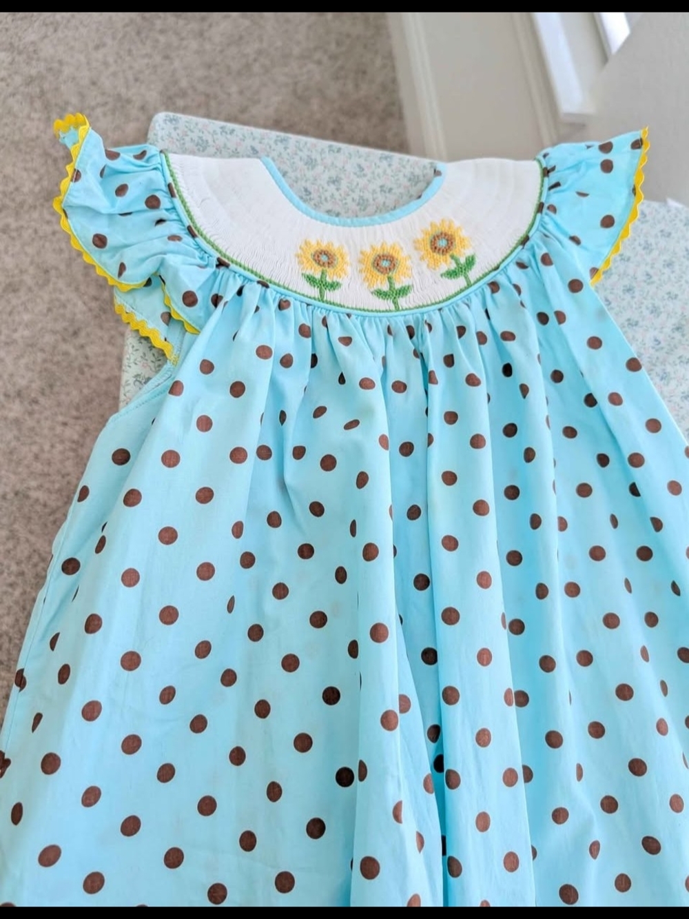 6T Teal Polka Dot Sunflower Smocked Dress